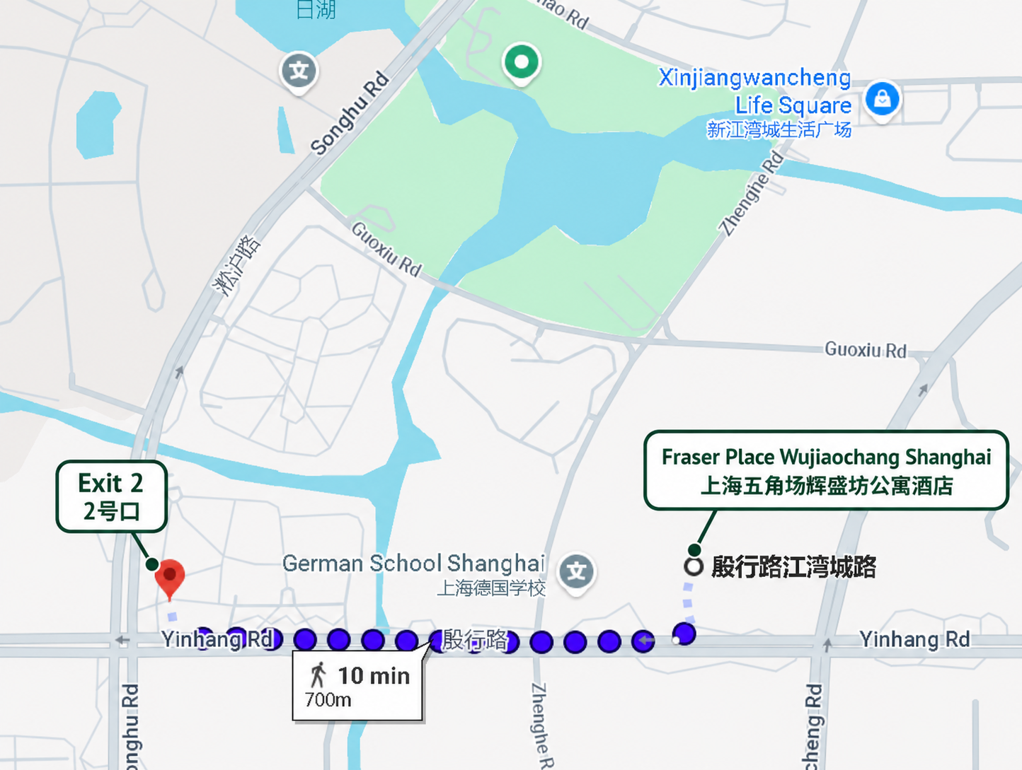 Walking route from Exit 2 of Xinjiangwancheng Station to Fraser Place Wujiaochang Shanghai