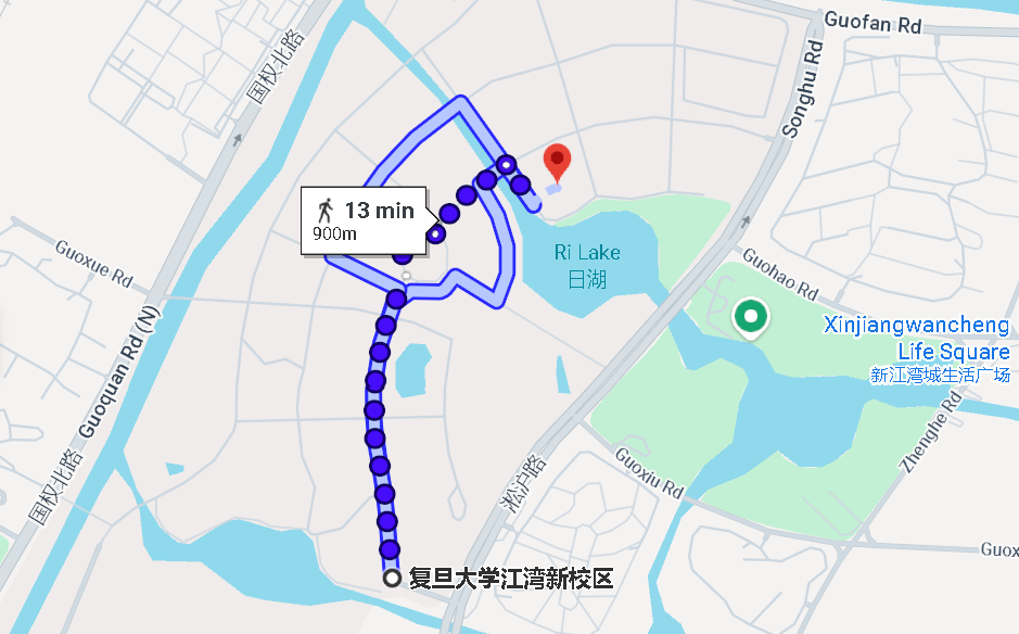 Walking route from Gate 3 of the Jiangwan Campus to the Shanghai Center for Mathematical Sciences