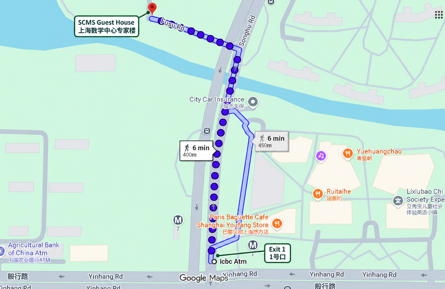 Walking route from Exit 1 of Xinjiangwancheng Station to the SCMS Guest House