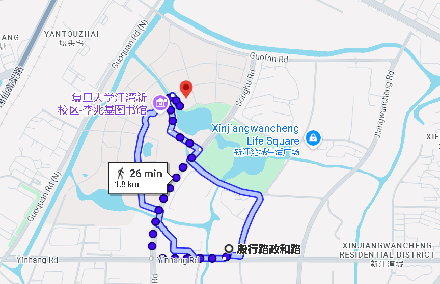 Walking route from Fraser Place Wujiaochang Shanghai to the Shanghai Center for Mathematical Sciences
