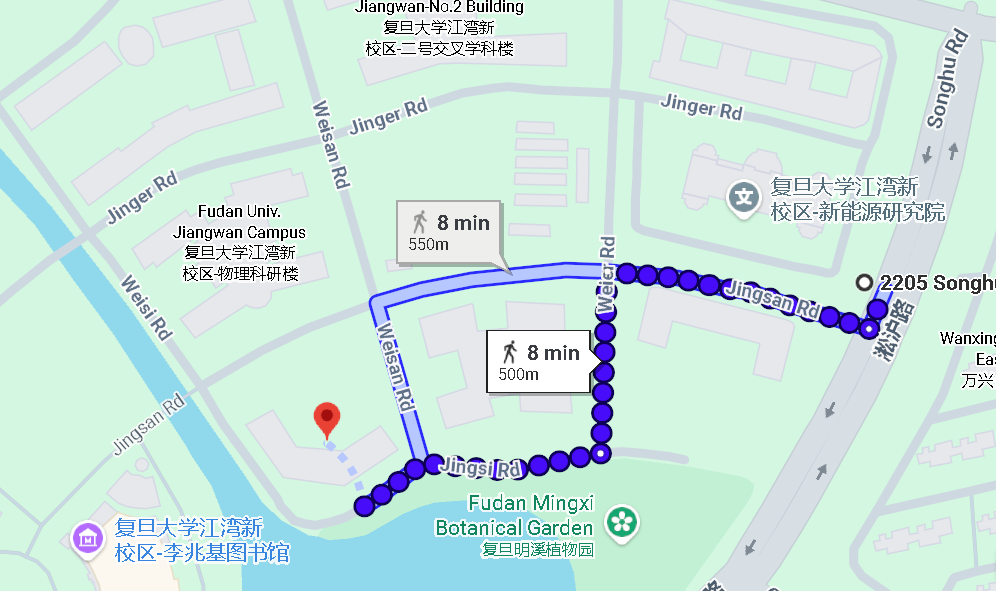Walking route from Exit 3 of Guofan Road Station to the Shanghai Center for Mathematical Sciences